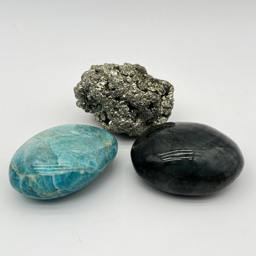 Lot de Minéraux - Galet Amazonite + Galet Labradorite + Pyrite Brute - LOT1