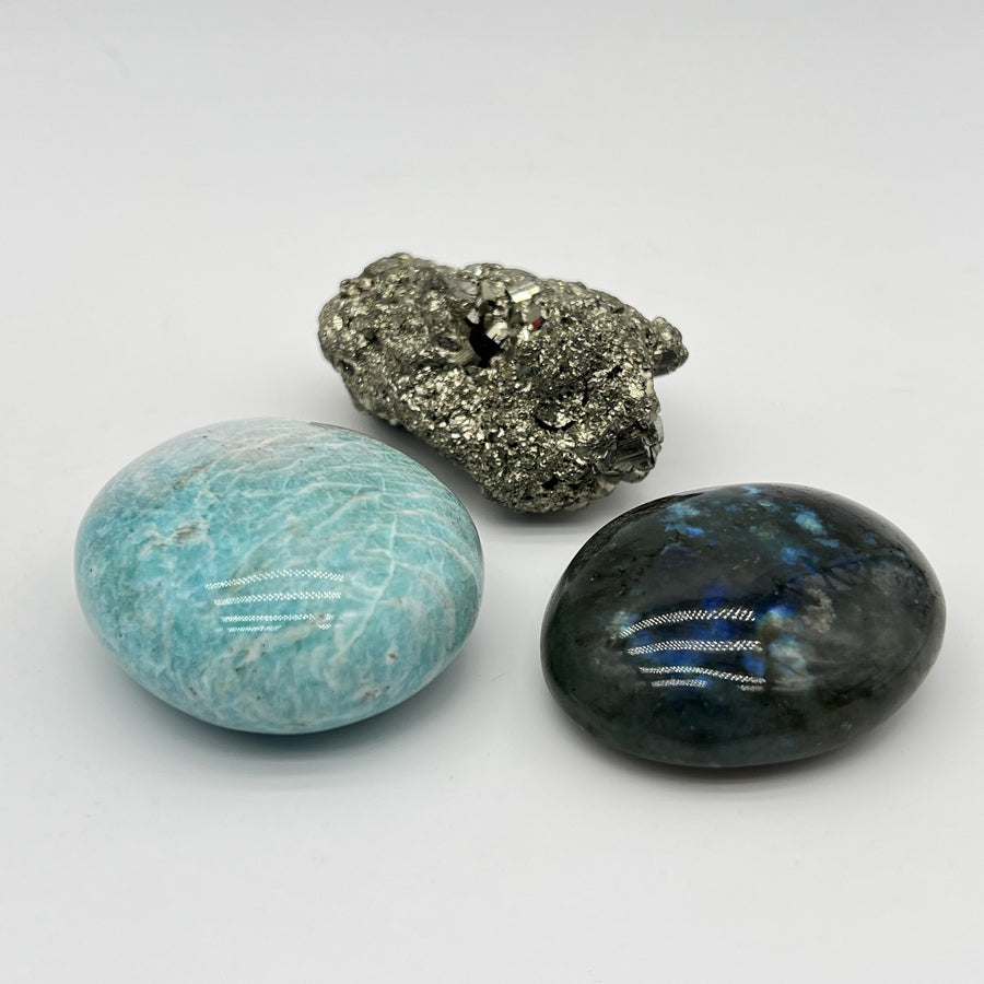 Lot de Minéraux - Galet Amazonite + Galet Labradorite + Pyrite Brute - LOT2