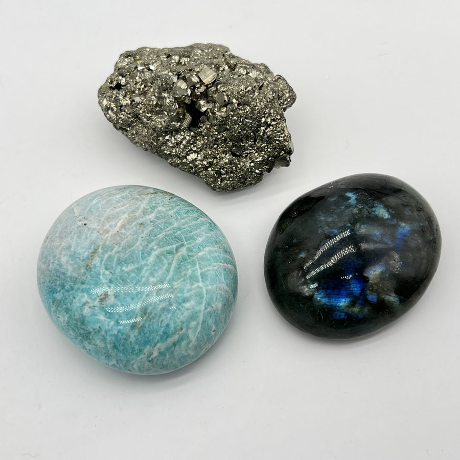 Lot de Minéraux - Galet Amazonite + Galet Labradorite + Pyrite Brute - LOT2