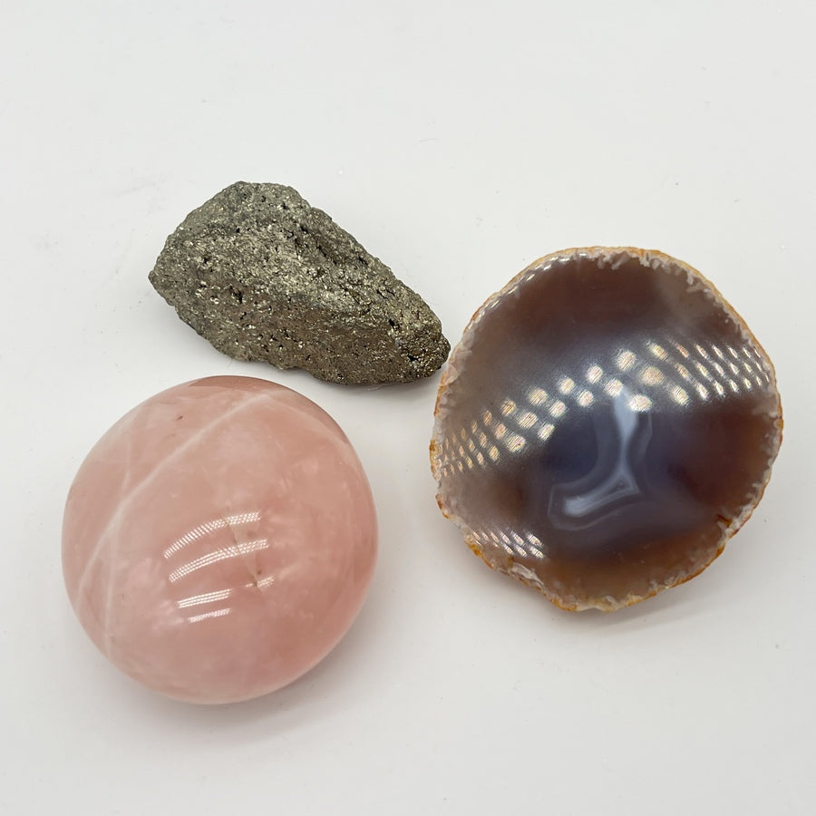 Lot de Minéraux - Galet Quartz Rose + Géode d'Agate + Pyrite Brute - LOT3