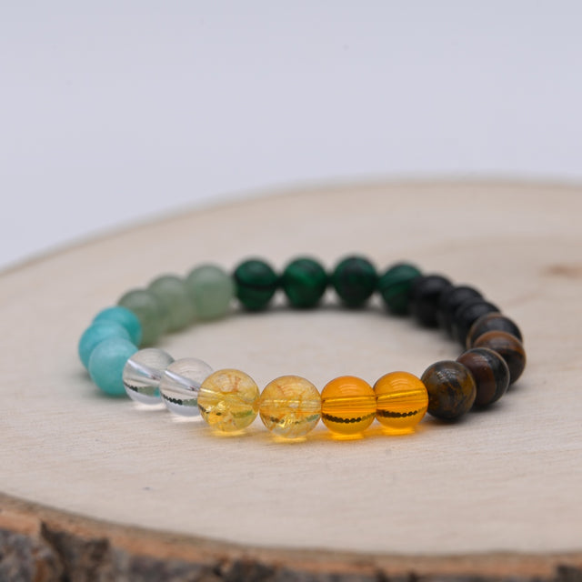 Bracelet Alchimie Abondance et Prospérité en pierres naturelles de 8 mm, composé de Citrine jaune, Cristal de Roche, Amazonite, Œil de Tigre, Obsidienne noire, Malachite et Aventurine Verte.