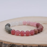 Bracelet Alchimie Amour de Soi et Acceptation en pierres naturelles de 8 mm, composé de Labradorite grise, Pierre de Lune blanche, Rhodonite rose, Quartz Rose et Quartz Fraise.