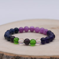 Bracelet Alchimie Sérénité et Apaisement en pierres naturelles de 8 mm, composé de Sodalite bleue, Améthyste violette, Fluorite multicolore et Lépidolite mauve.