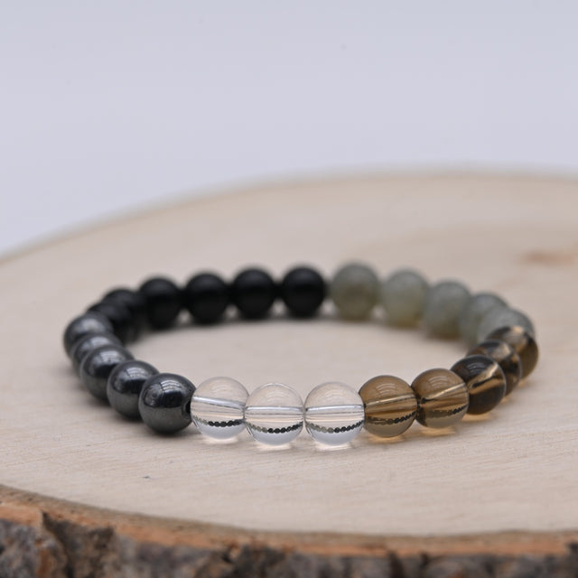 Bracelet Alchimie Protection et Ancrage en pierres naturelles de 8 mm, composé de Labradorite grise, Cristal de Roche transparent, Obsidienne noire, Hématite métallique et Quartz Fumé brun.